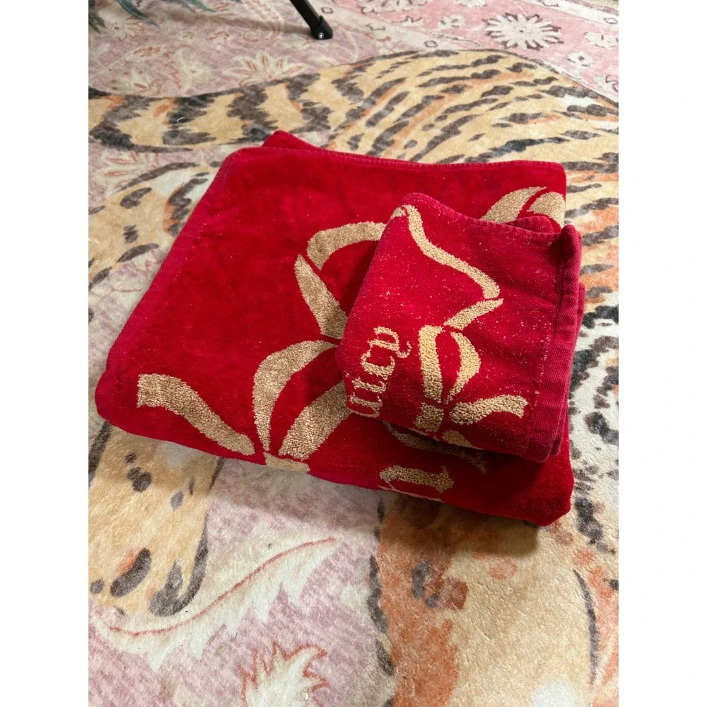 Juicy Couture Red Gold Bow Towel Set Hand Towel‎ Washcloth Cotton Viscose Home
